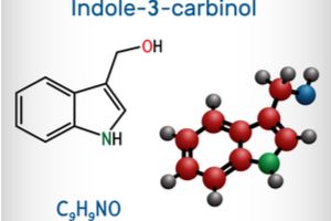 Indol 3 karbinol, štrukturálny chemický vzorec a model molekuly